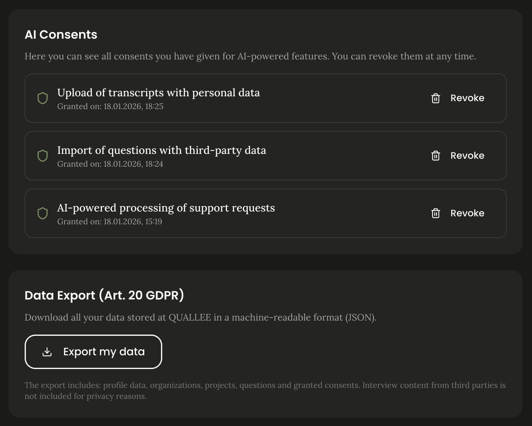 QUALLEE AI Consents panel showing granular consent management in dark mode