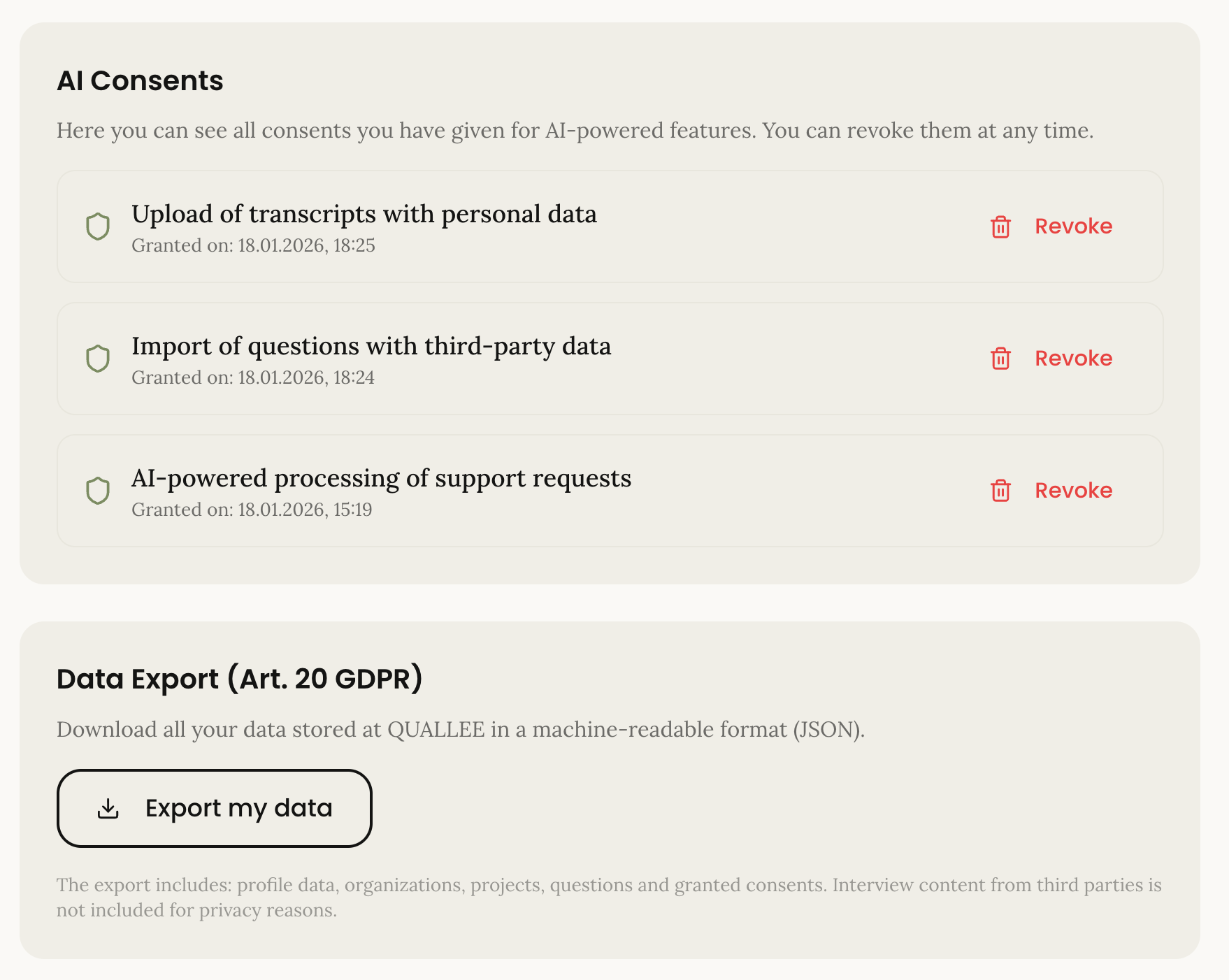 QUALLEE AI Consents panel showing granular consent management in light mode